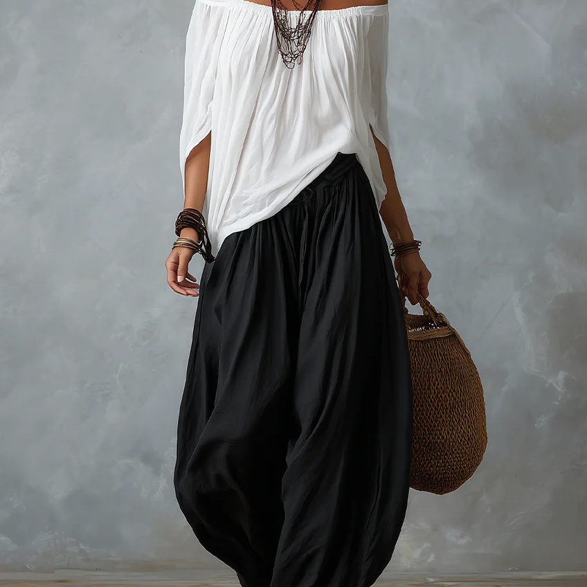 White Off-the-shoulder Top And Loose-fitting Lantern Pants Set