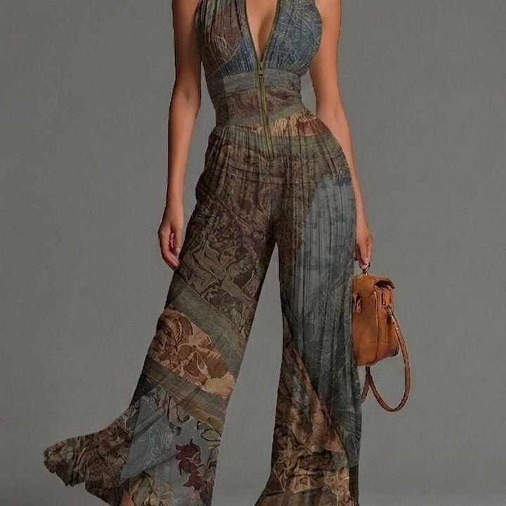 Bohemian Ethnic Print Sleeveless Zipper Pleated Wide-leg Chiffon Jumpsuit