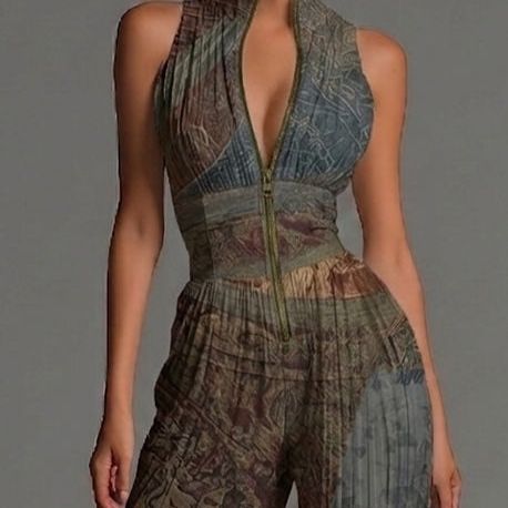 Bohemian Ethnic Print Sleeveless Zipper Pleated Wide-leg Chiffon Jumpsuit