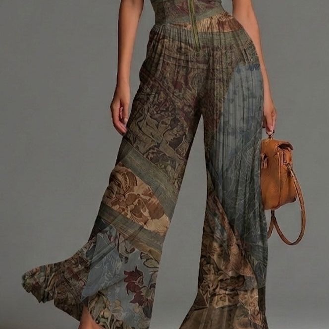 Bohemian Ethnic Print Sleeveless Zipper Pleated Wide-leg Chiffon Jumpsuit