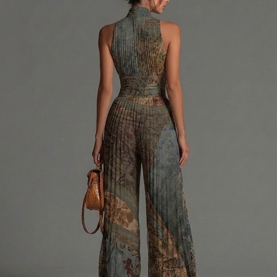 Bohemian Ethnic Print Sleeveless Zipper Pleated Wide-leg Chiffon Jumpsuit