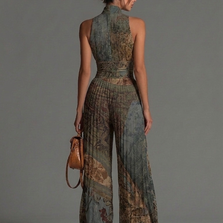 Bohemian Ethnic Print Sleeveless Zipper Pleated Wide-leg Chiffon Jumpsuit