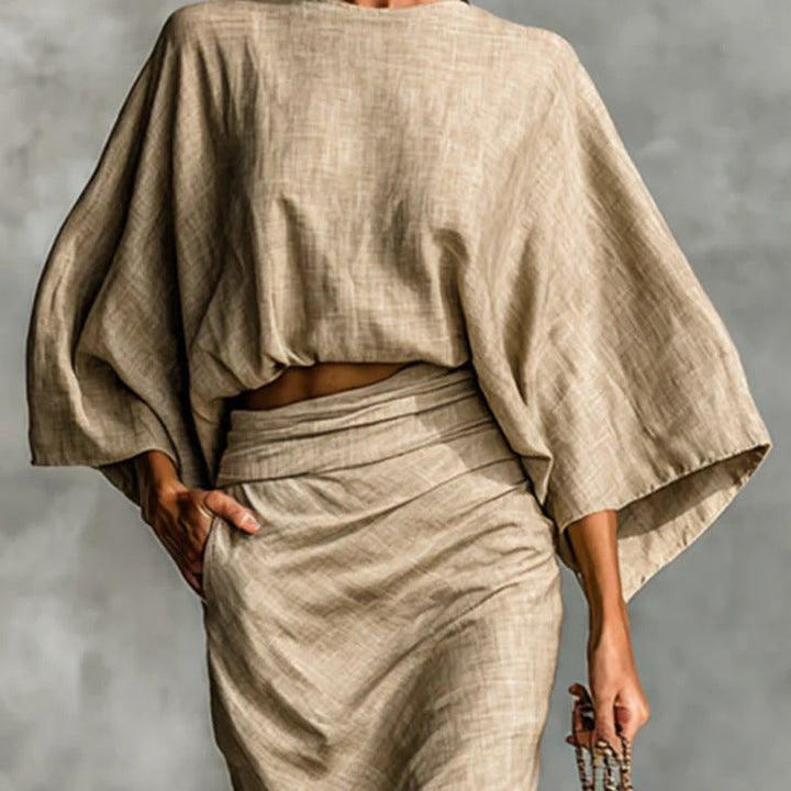 WILLOW | Beige Two Piece Set with Batwing Top and Long Skirt for Effortless Elegance