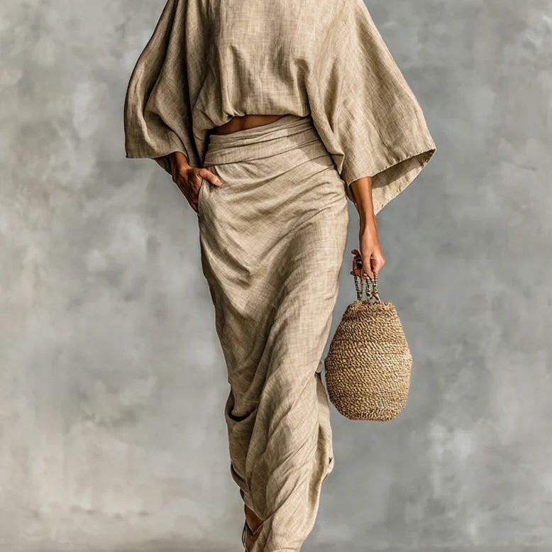 WILLOW | Beige Two Piece Set with Batwing Top and Long Skirt for Effortless Elegance