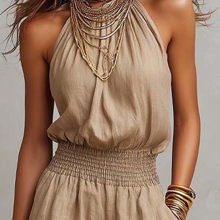 Tan Cotton Linen Halter Neck Smocked Waist Wide Leg Jumpsuit