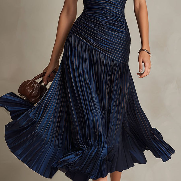 Retro Striped Satin Pleated Bodycon Midi Dress