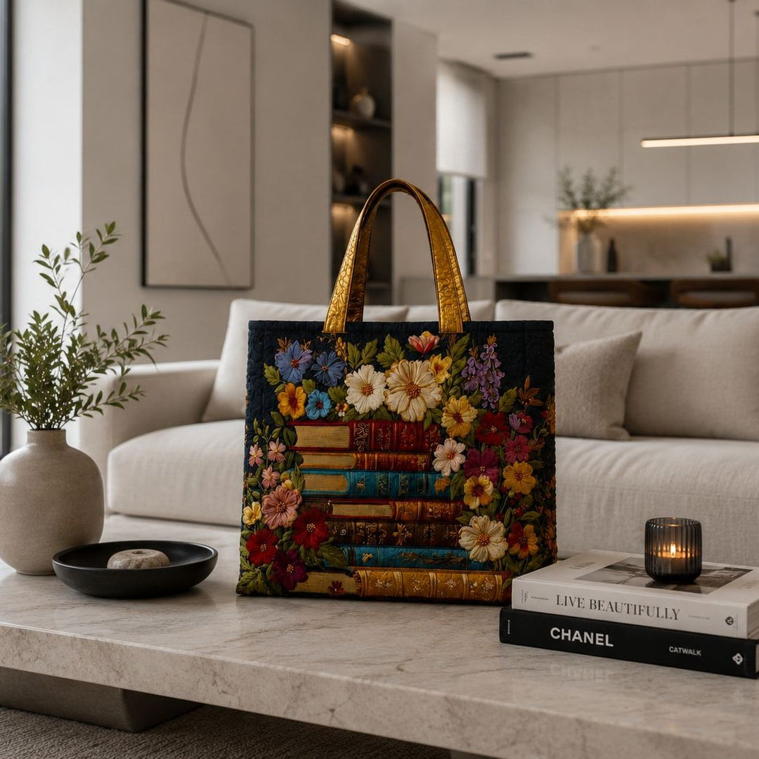 Quilted Tote Bag - Floral and book print