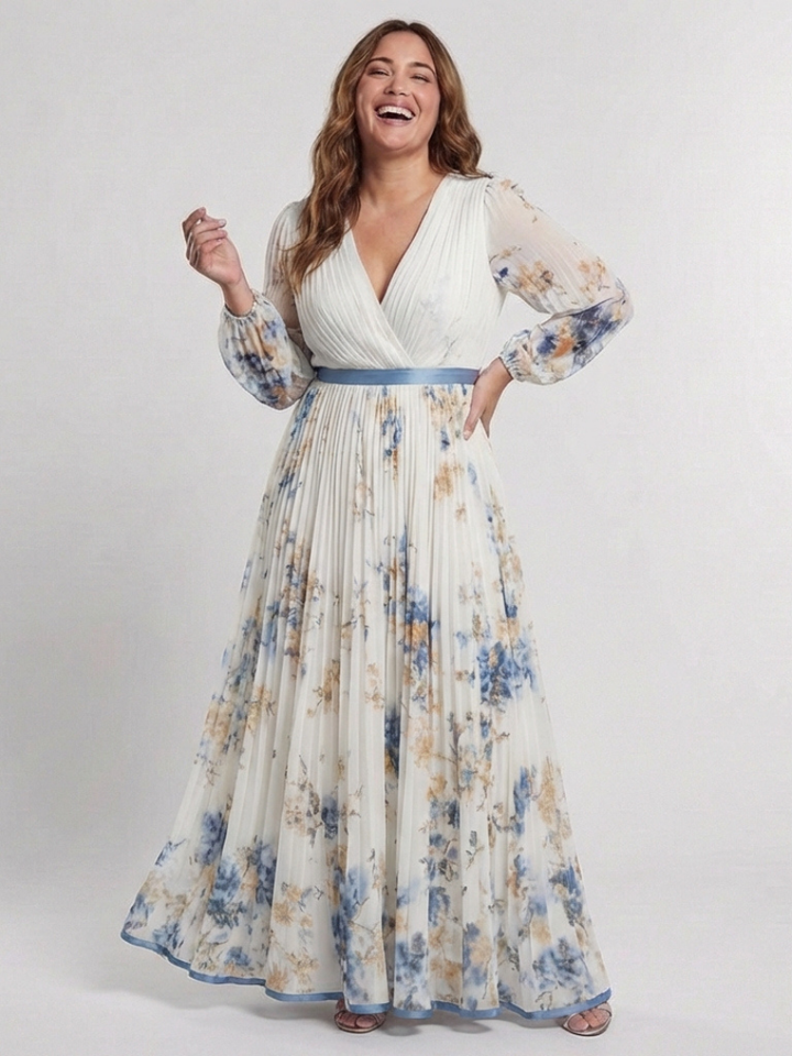 Long Sleeve V Neck Floral Maxi Dress