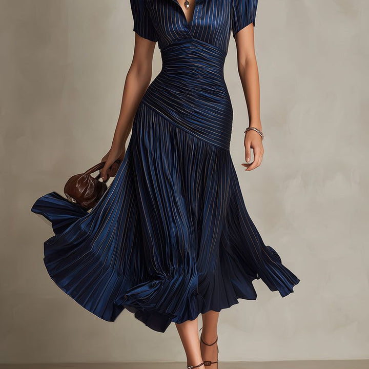 Retro Striped Satin Pleated Bodycon Midi Dress