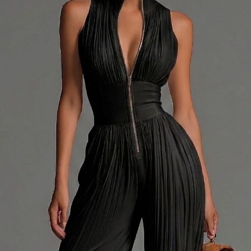 Black V-neck Sleeveless Zip-up Pleated Wide-leg Chiffon Jumpsuit
