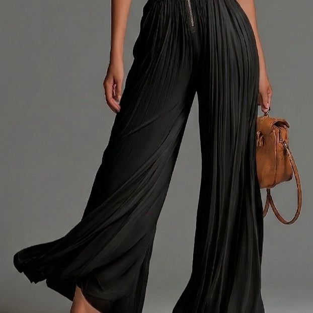 Black V-neck Sleeveless Zip-up Pleated Wide-leg Chiffon Jumpsuit