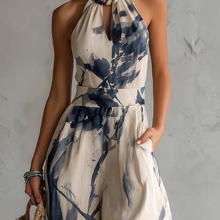 Halter Neck Ink Wash Print Wide Leg Jumpsuit With Pockets