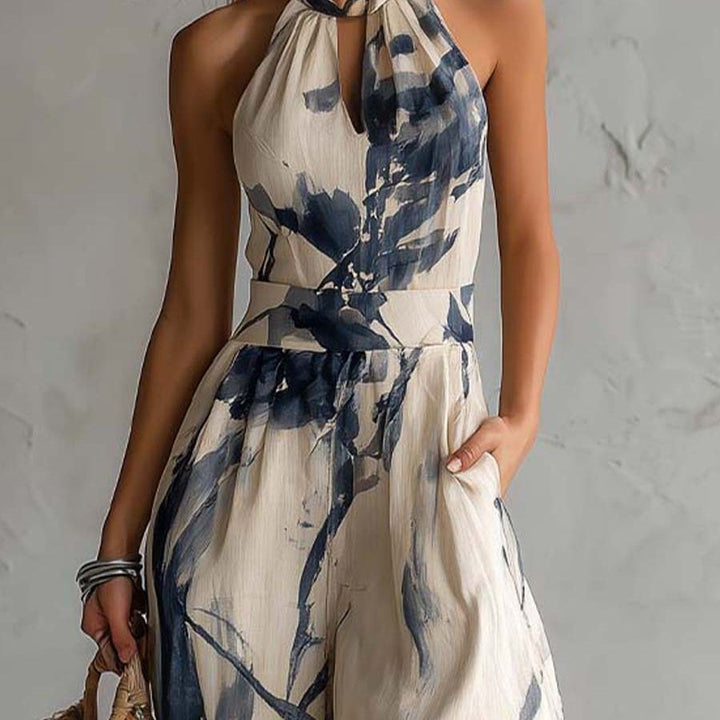 Halter Neck Ink Wash Print Wide Leg Jumpsuit With Pockets