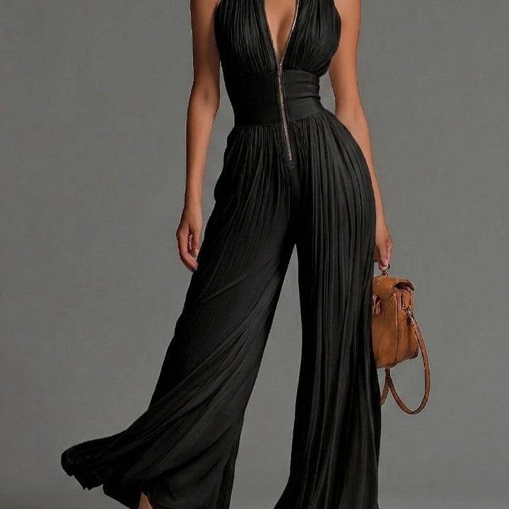 Black V-neck Sleeveless Zip-up Pleated Wide-leg Chiffon Jumpsuit