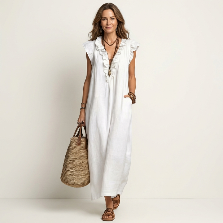 Josephine | Ruffle V-Neck Linen Maxi Dress