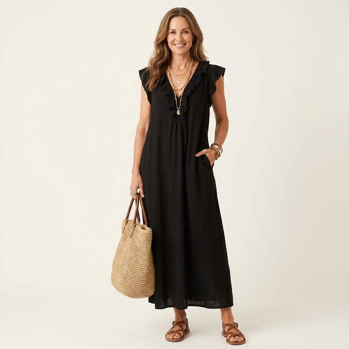 Josephine | Ruffle V-Neck Linen Maxi Dress