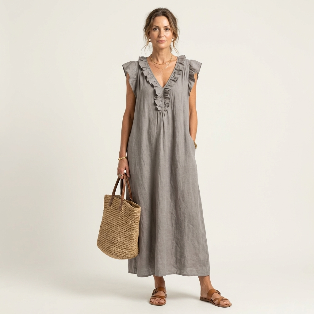 Josephine | Ruffle V-Neck Linen Maxi Dress