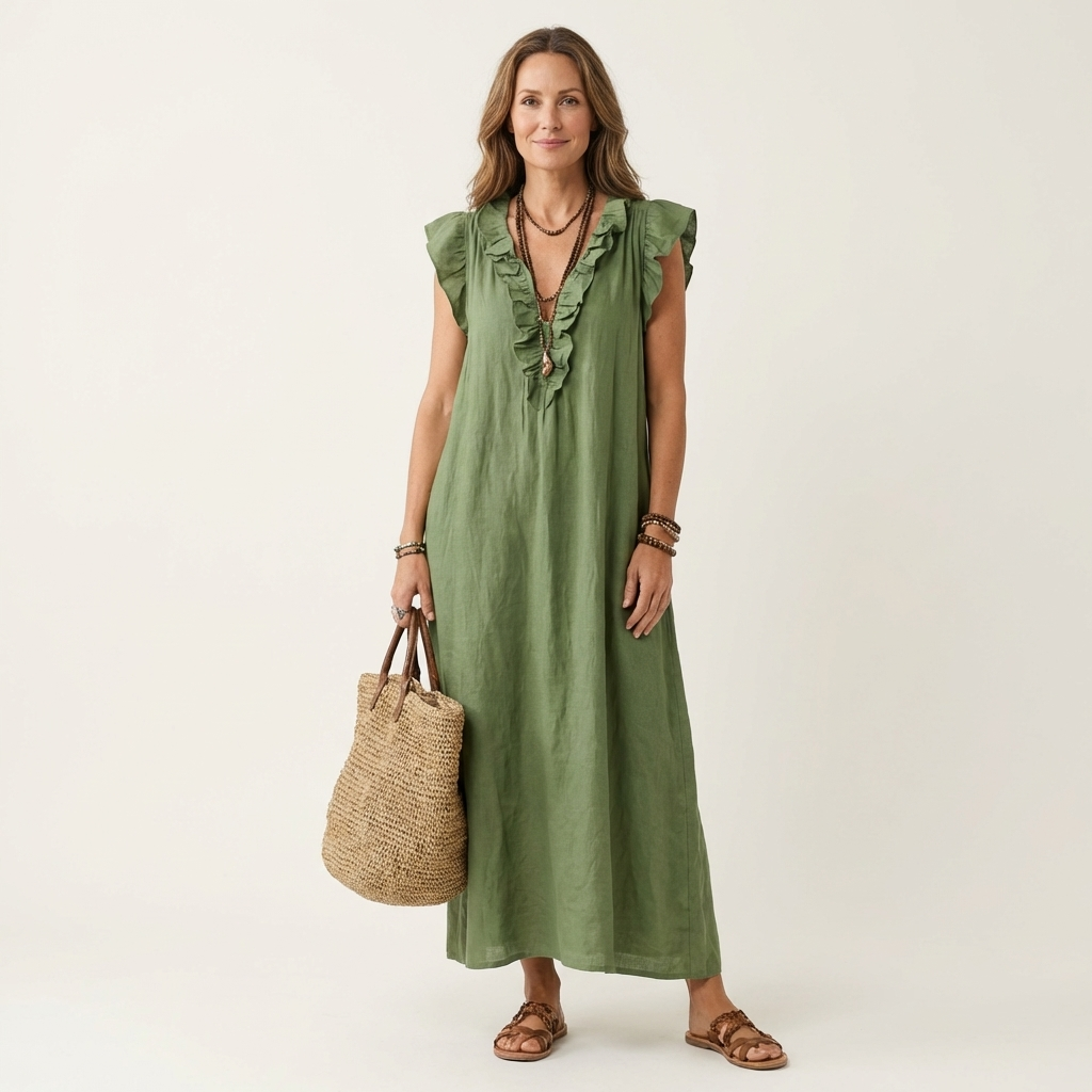 Josephine | Ruffle V-Neck Linen Maxi Dress