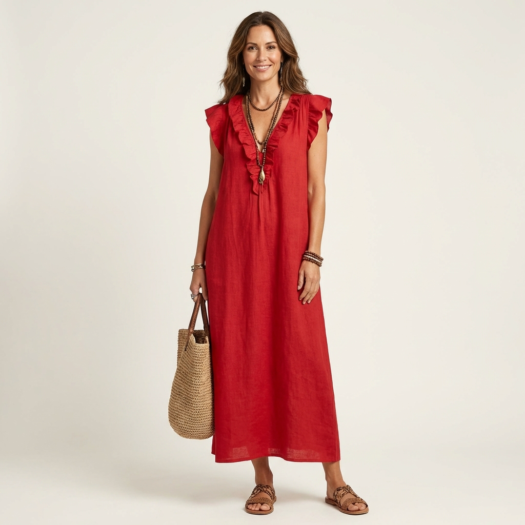 Josephine | Ruffle V-Neck Linen Maxi Dress