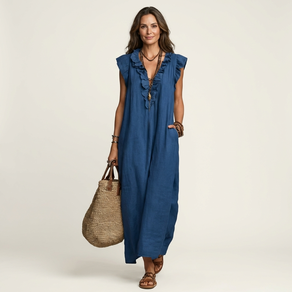 Josephine | Ruffle V-Neck Linen Maxi Dress