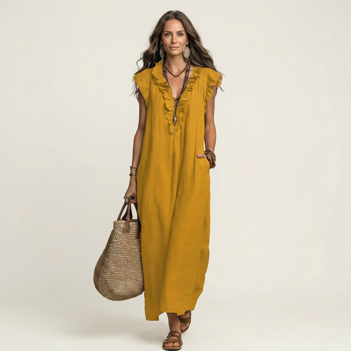 Josephine | Ruffle V-Neck Linen Maxi Dress