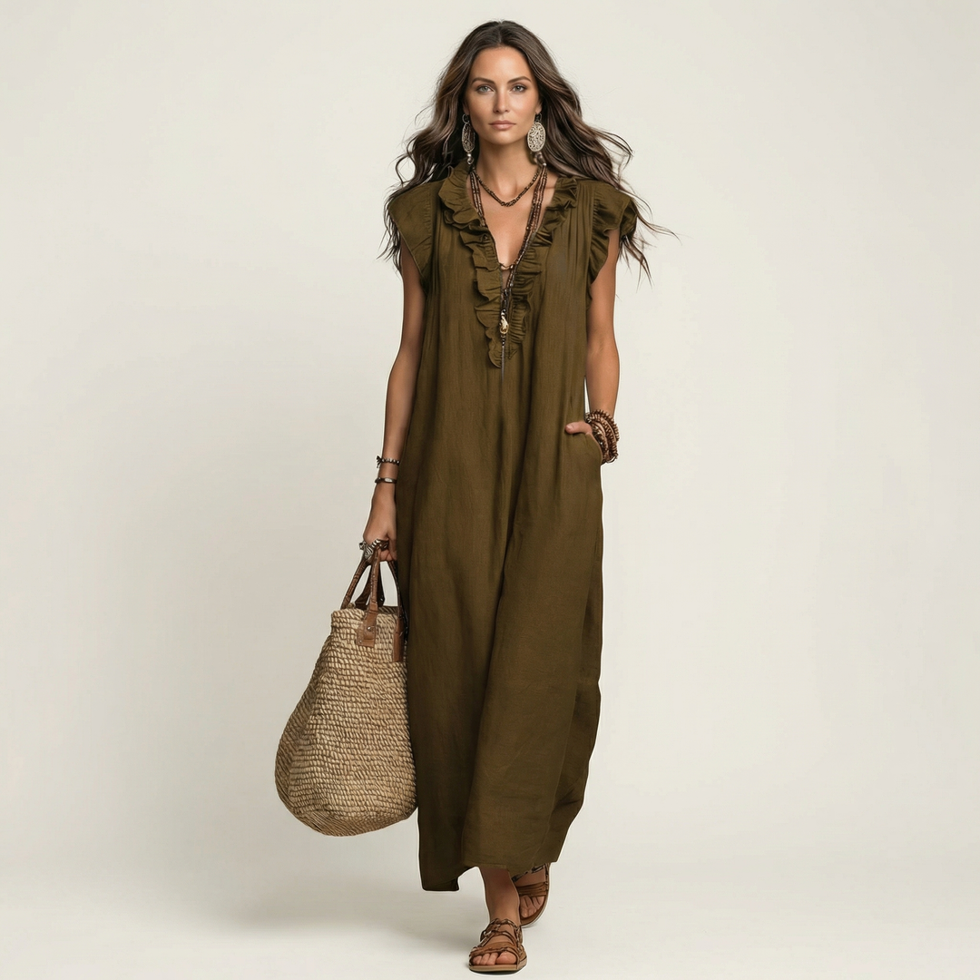 Josephine | Ruffle V-Neck Linen Maxi Dress