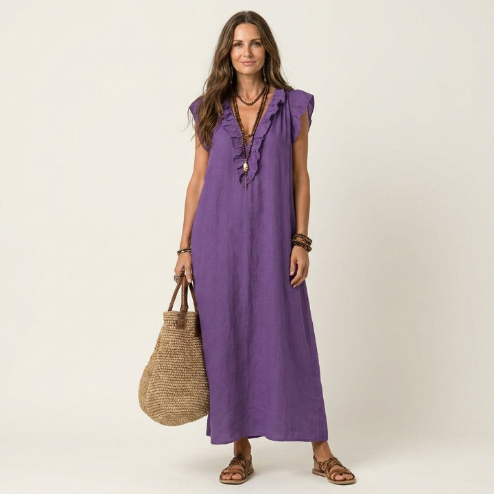 Josephine | Ruffle V-Neck Linen Maxi Dress