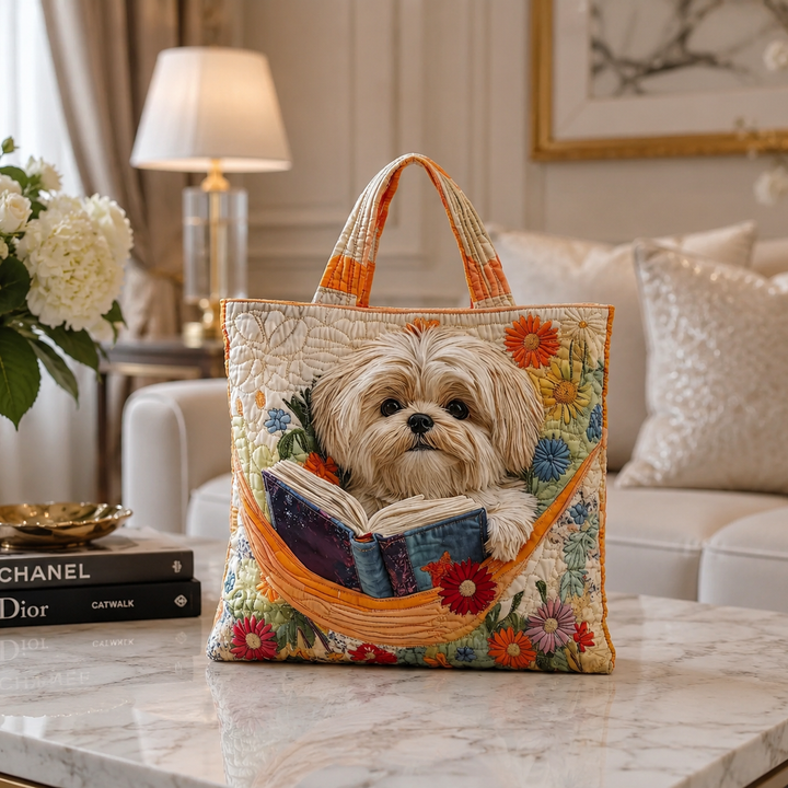 Quilted Tote Bag - Shih Tzu with Books and Flowers