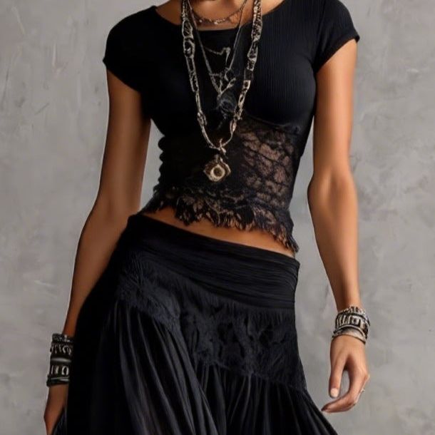 Black Sheer Lace-Paneled Top and Pleated Maxi Skirt Set