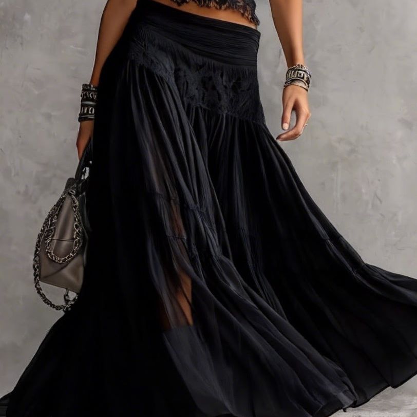 Black Sheer Lace-Paneled Top and Pleated Maxi Skirt Set