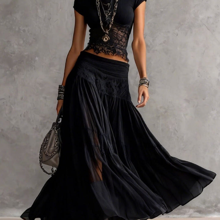 Black Sheer Lace-Paneled Top and Pleated Maxi Skirt Set