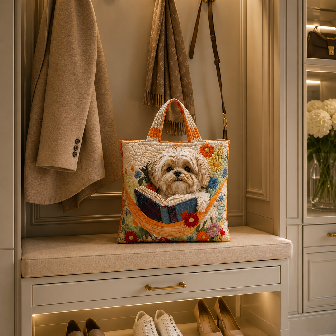 Quilted Tote Bag - Shih Tzu with Books and Flowers