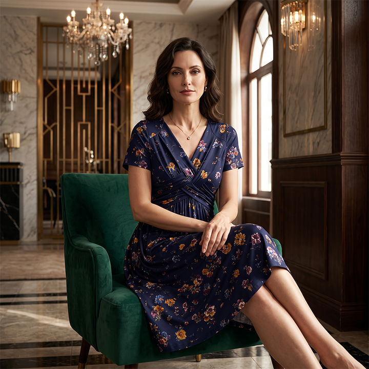 Elvie - Floral V-Neck Twist-Waist Dress