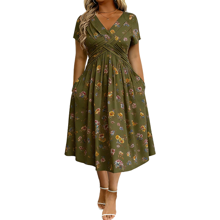 Elvie - Floral V-Neck Twist-Waist Dress