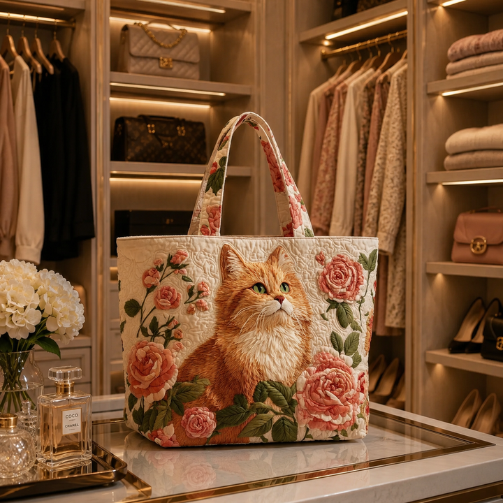 Quilted Tote Bag - Ginger Cat with Roses